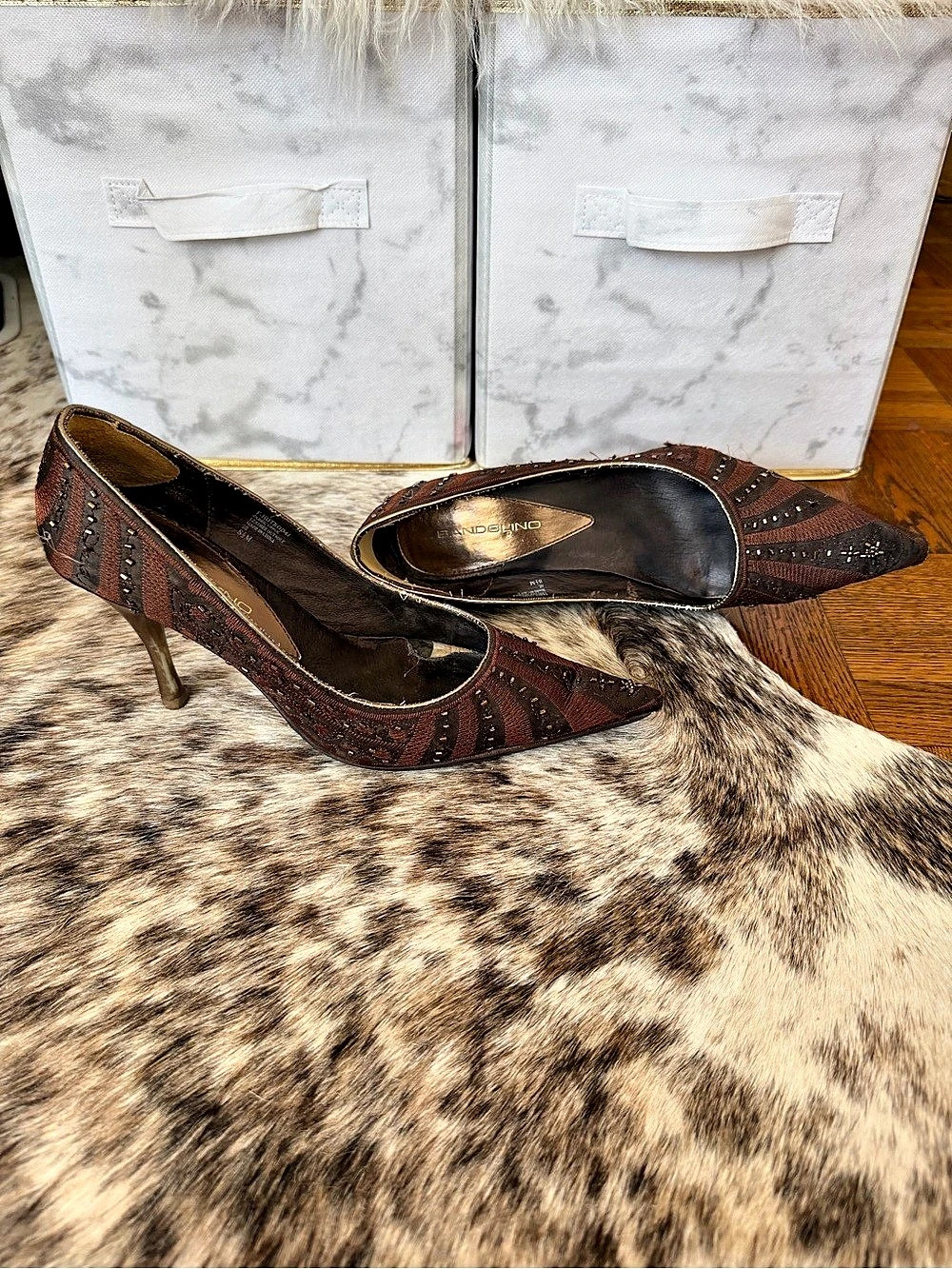Bandolino Brown Embroidered Pointed Toe Pumps with Beaded Detail